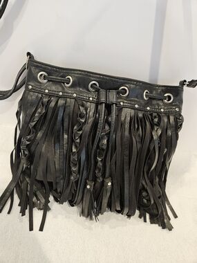 Black Fringe Vegan Leather  Crossbody Bag Adjustable Strap